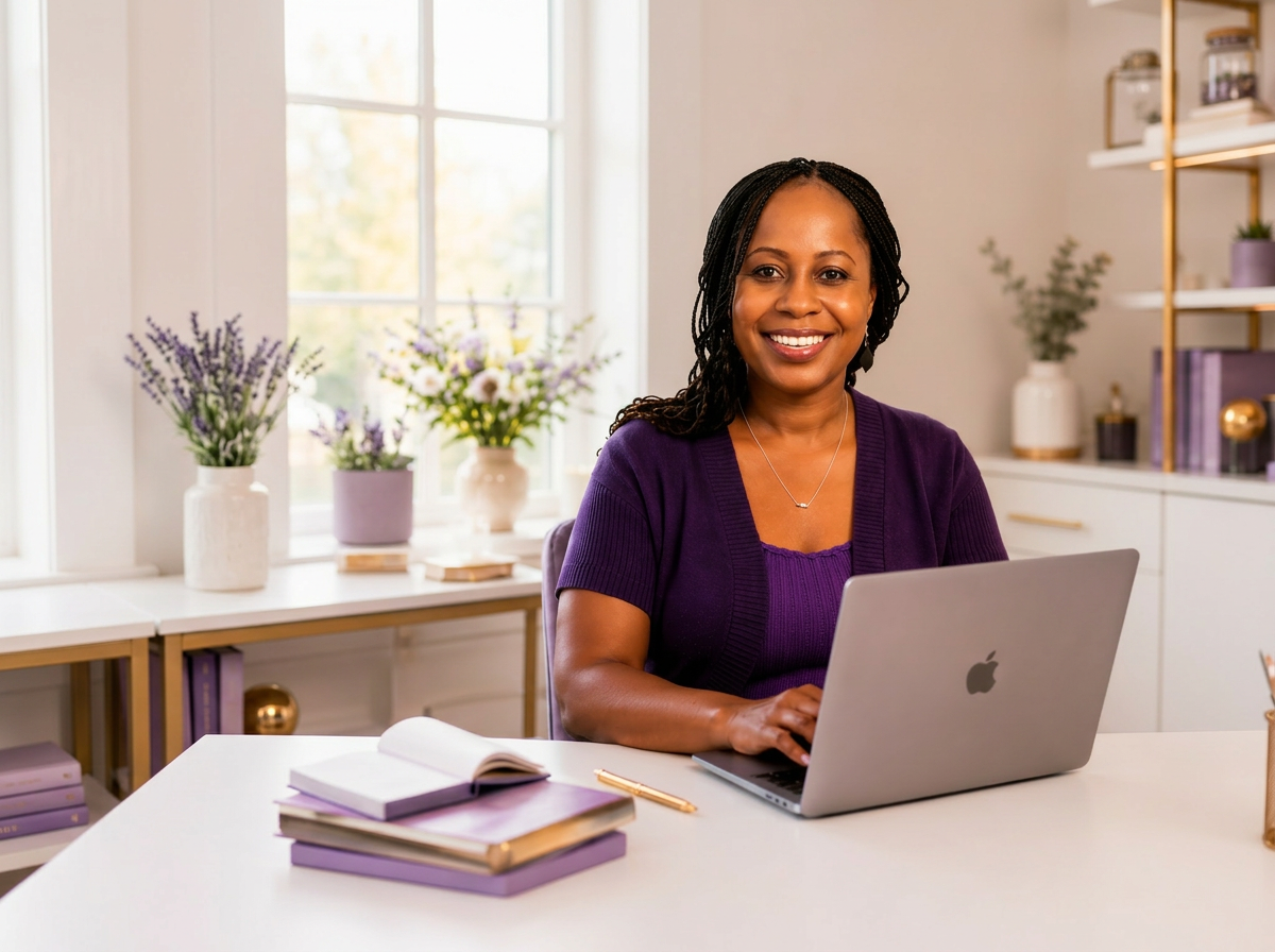 Mwansa Palangwa Gold working on her laptop in a bright home office